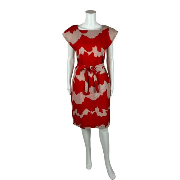 Vintage 80s Sheath Dress Women's Medium Red White Artistic Faux Linen - Picture 1 of 11